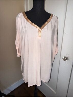 Oversized Y2K Boho Juicy Couture Pale Pink Tunic Gold Trim Roll Tab Sleeves
